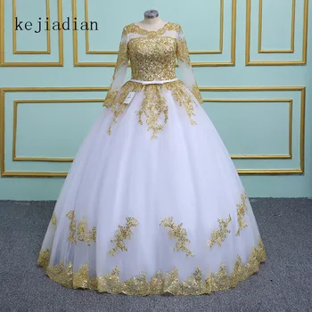 Luxo ouro lace Vestido de baile vestido de Noiva branco de manga longa 2021 apliques Sexy Vestido de Noiva Vestidos de Casamento vestido de noiva