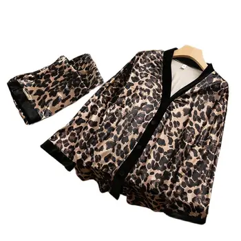 Leopard Pijamas 2PCS Pijama Terno de Veludo Outono Novos Pijamas Íntima Lingerie Mulheres de Manga Longa de Sono Conjunto de Roupas em Casa