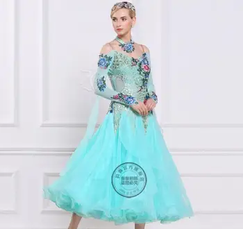personalizado azul dança de salão vestidos padrão de mulheres padrão dança vestidos de valsa vestidos vestido de festa com flor amarela
