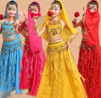 5Pcs Filhos Menina Dança do Ventre, Figurinos Crianças de Dança do Ventre Meninas Bollywood Dança Indiana Desempenho de Pano Menina Índia Roupas