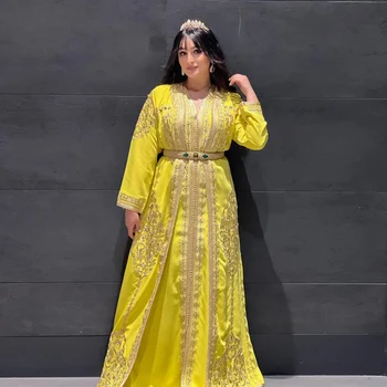 Amarelo Marroquino Kaftan Dubai Cristais De Vestidos De Noite Apliques De Renda Arábia Árabe Muçulmano Ocasião Especial Prom Vestido Plus Size